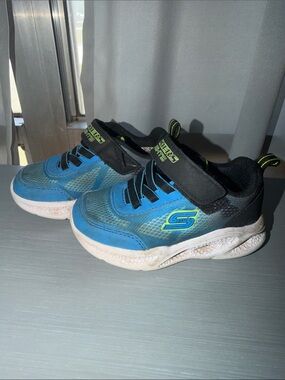 Skechers Kids Blue and Black Velcro Athletic Sneakers with Lime Accents
